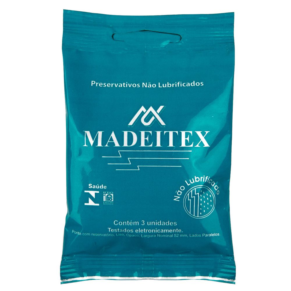 Preservativo Masculino marca Madeitex na cor azul com três unidades