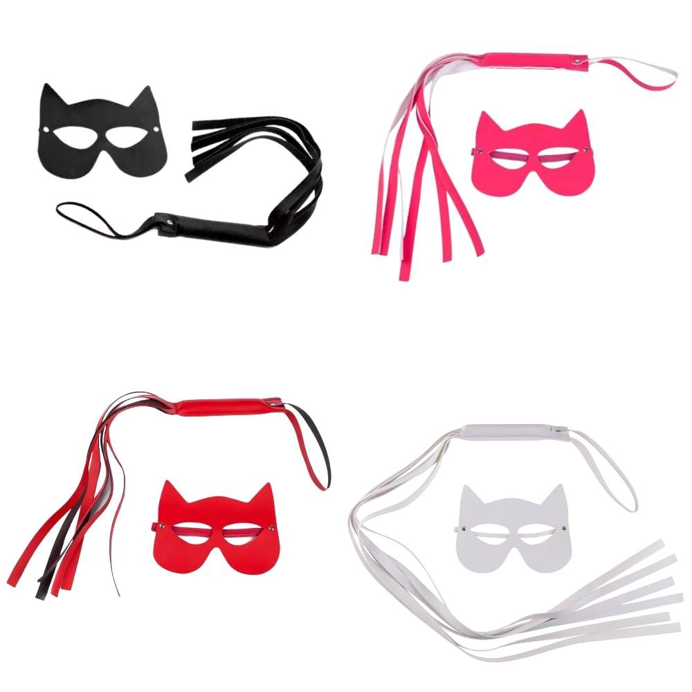 Kit Chicote Reforçado 40cm E Máscara Mulher Gato Brasil Fetiche - Vermelho