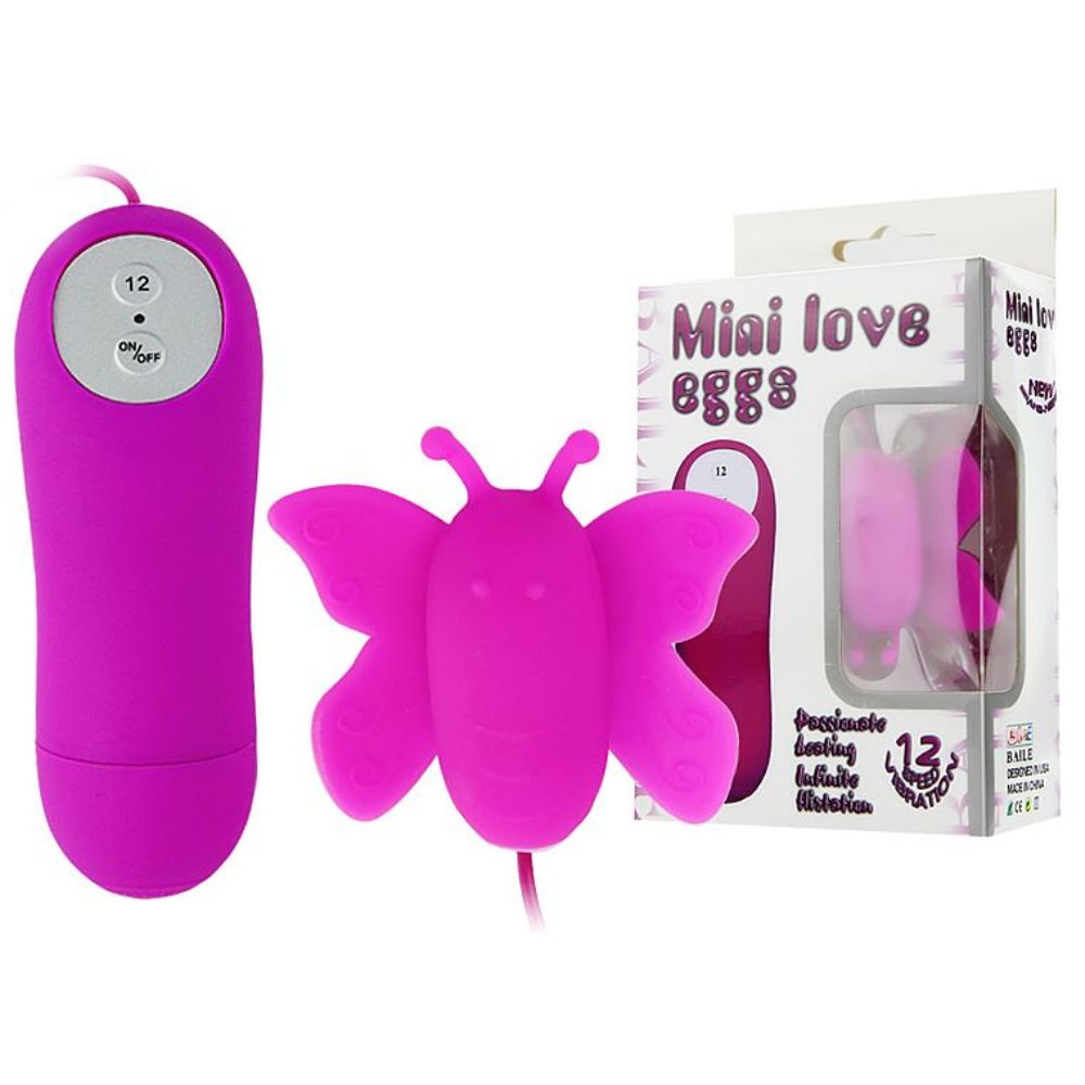 Vibrador Mini Bullet Borboleta na cor rosa com controle e embalagem