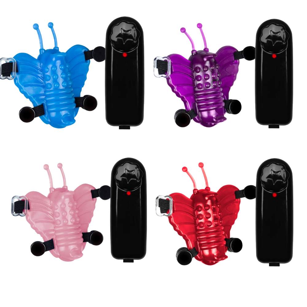Quatro Vibradores Borboleta para Clitóris Pau Brasil nas cores azul, roxo, rosa e vermelho